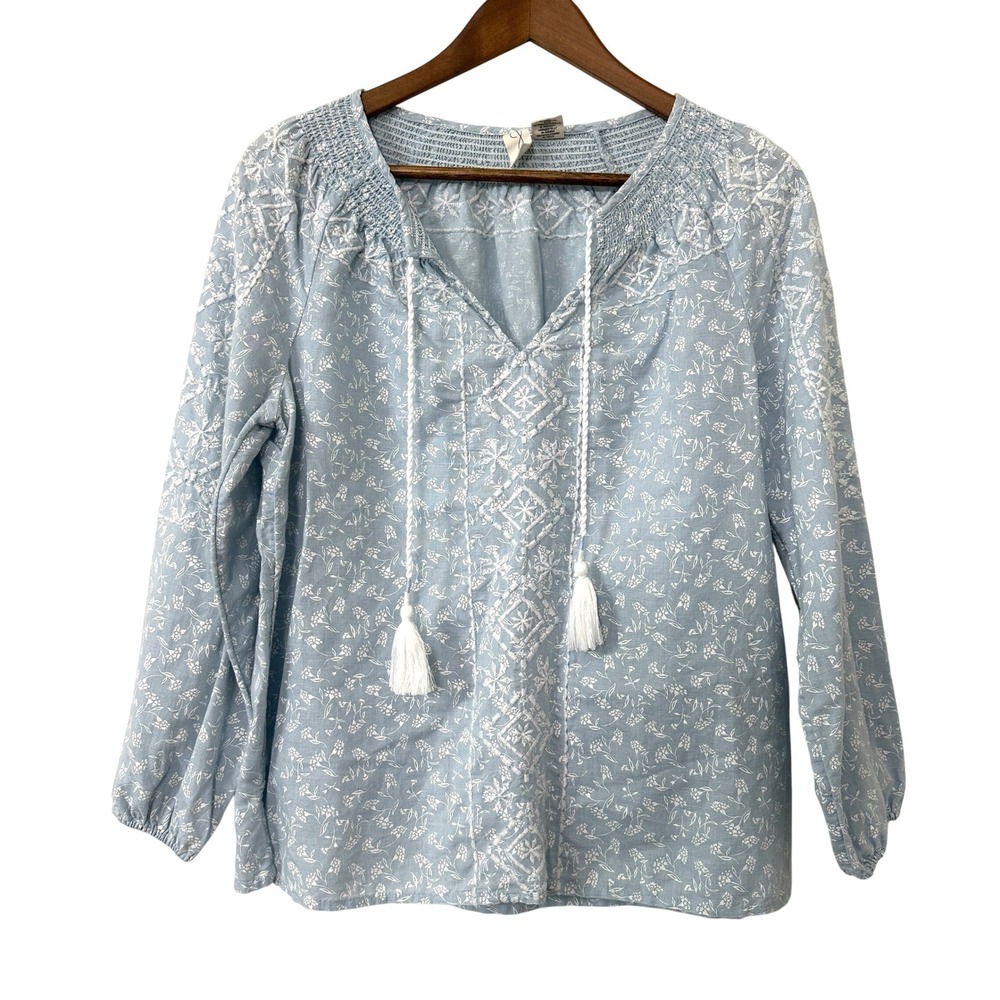 Joie Linen Blend Peasant Blouse Blue Floral Embroidered Tassel Boho Top Small